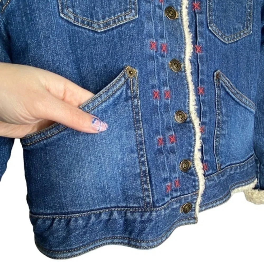 GAP Girls Jean Jacket Denim Blue Faux Sherpa Lined Floral Embroidered Size XL 12